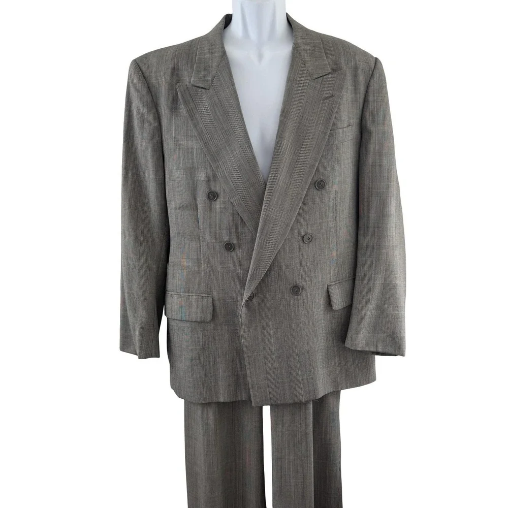 Vintage Cricketeer 2 Piece Suit Mens L Gray Plaid Double Breasted 34x31 USA 90s